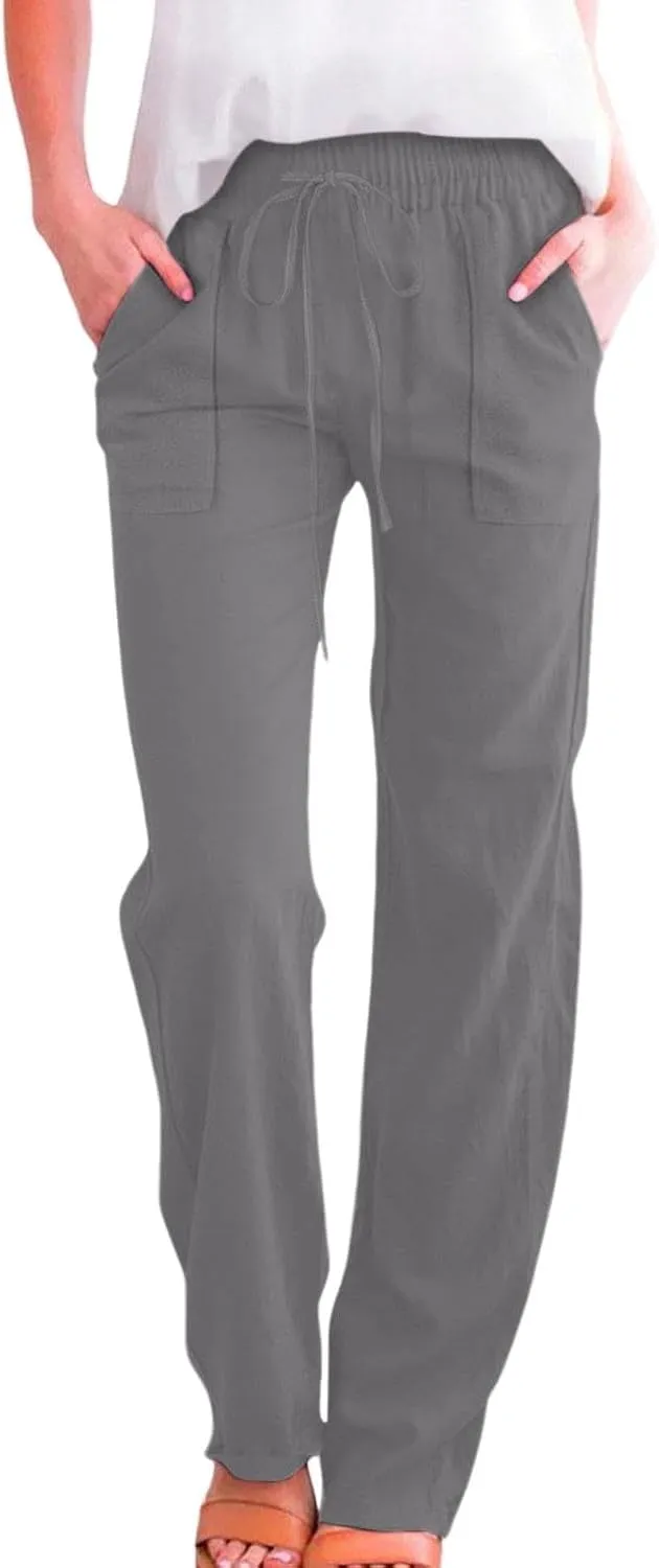 Womens Casual Cotton Linen Pants 2025 Lightweight Summer Relax Fit Elastic Waist Solid Lounge Beach Long Trousers