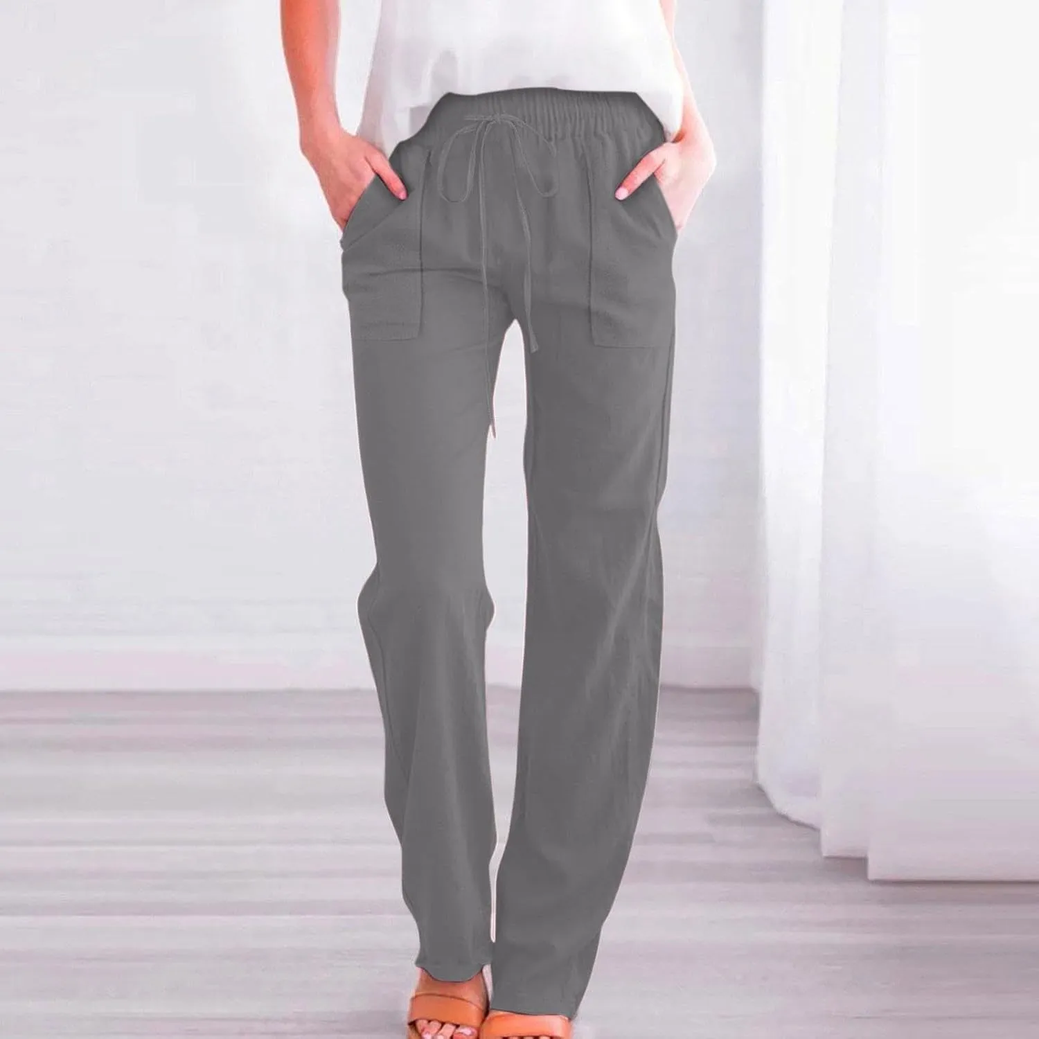 Womens Casual Cotton Linen Pants 2025 Lightweight Summer Relax Fit Elastic Waist Solid Lounge Beach Long Trousers