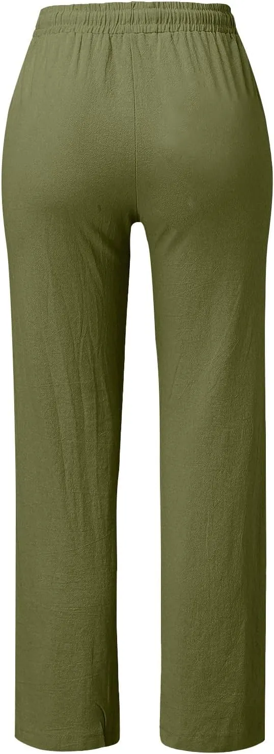 Womens Casual Cotton Linen Pants 2025 Lightweight Summer Relax Fit Elastic Waist Solid Lounge Beach Long Trousers