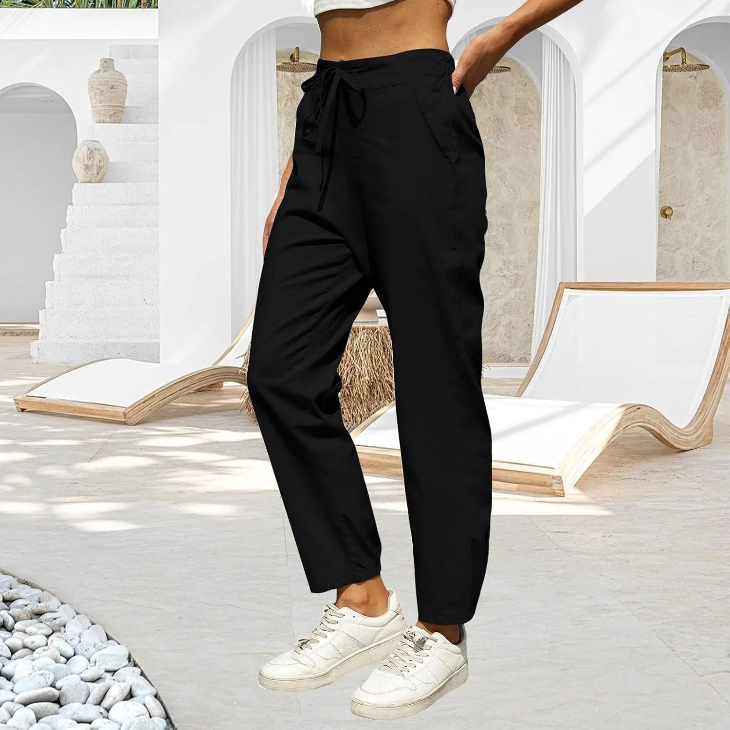 Womens Casual Cotton Linen Pants Lightweight Summer Relax Fit Drawstring Elastic High Waist Lounge Trousers Pockets