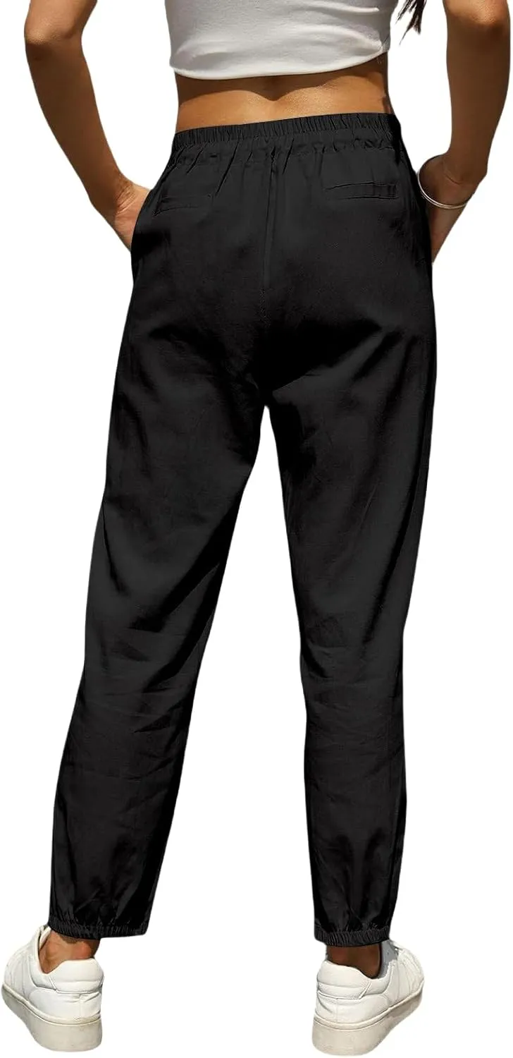 Womens Casual Cotton Linen Pants Lightweight Summer Relax Fit Drawstring Elastic High Waist Lounge Trousers Pockets