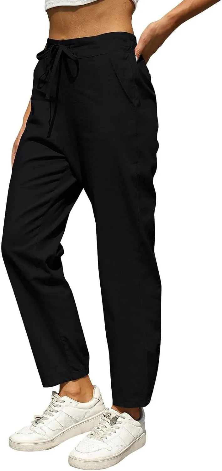 Womens Casual Cotton Linen Pants Lightweight Summer Relax Fit Drawstring Elastic High Waist Lounge Trousers Pockets