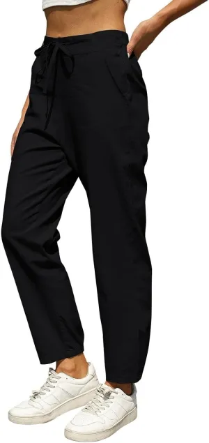 Womens Casual Cotton Linen Pants Lightweight Summer Relax Fit Drawstring Elastic High Waist Lounge Trousers Pockets