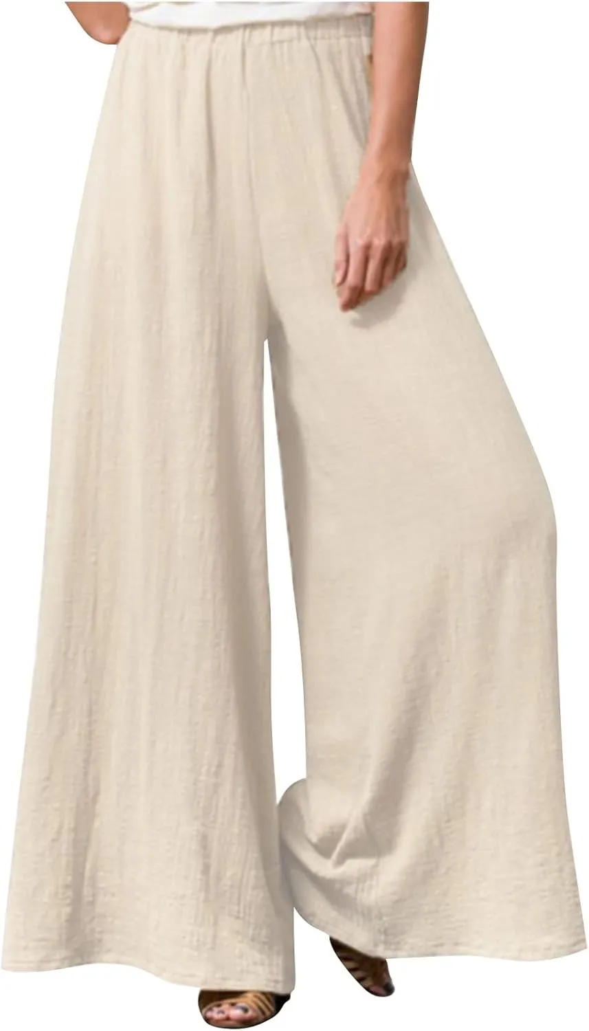 Women's Casual Cotton Linen Wide Leg Baggy Pants with Elastic Waist Relax Fit Lantern Trouser Casual Loose Trousers