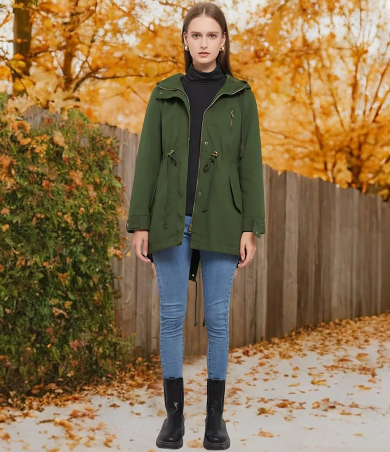Women's Casual Ligtweight Military Jackets Anorak Utility High Waist Drawstring Zip Up Hood Coat