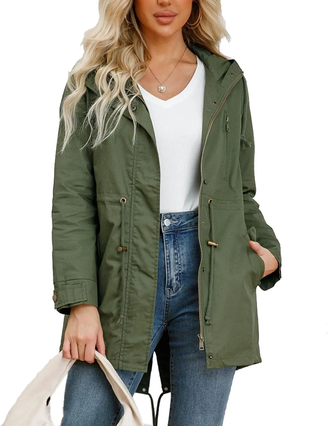 Women's Casual Ligtweight Military Jackets Anorak Utility High Waist Drawstring Zip Up Hood Coat