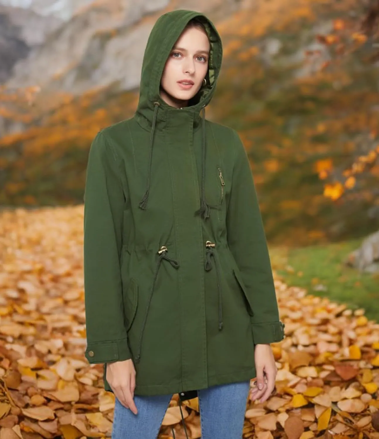 Women's Casual Ligtweight Military Jackets Anorak Utility High Waist Drawstring Zip Up Hood Coat