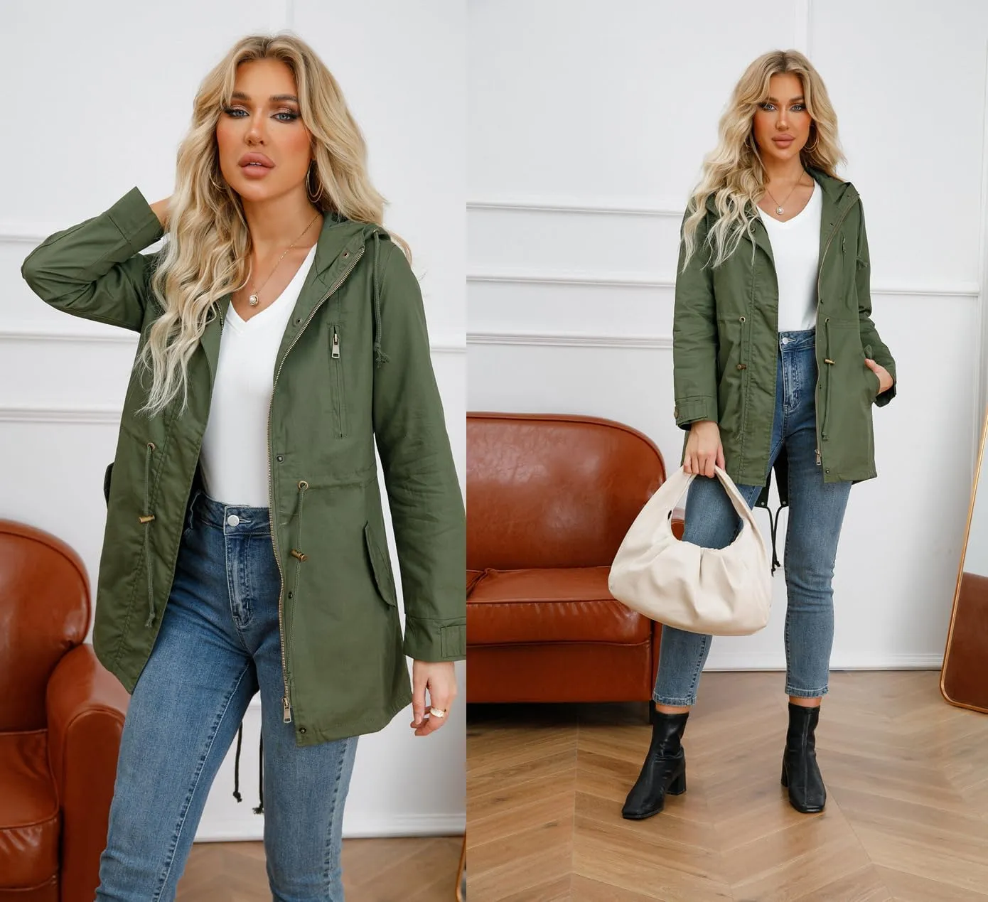 Women's Casual Ligtweight Military Jackets Anorak Utility High Waist Drawstring Zip Up Hood Coat
