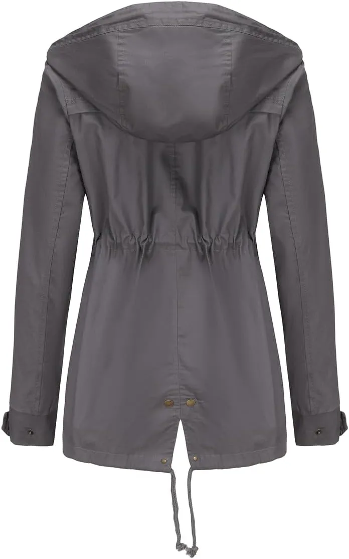 Women's Casual Ligtweight Military Jackets Anorak Utility High Waist Drawstring Zip Up Hood Coat