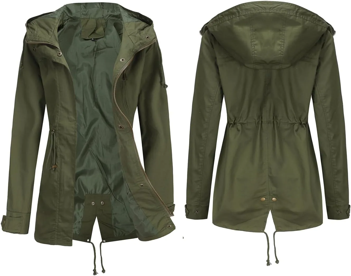 Women's Casual Ligtweight Military Jackets Anorak Utility High Waist Drawstring Zip Up Hood Coat