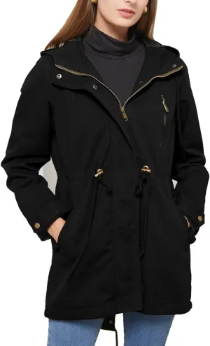 Women's Casual Ligtweight Military Jackets Anorak Utility High Waist Drawstring Zip Up Hood Coat