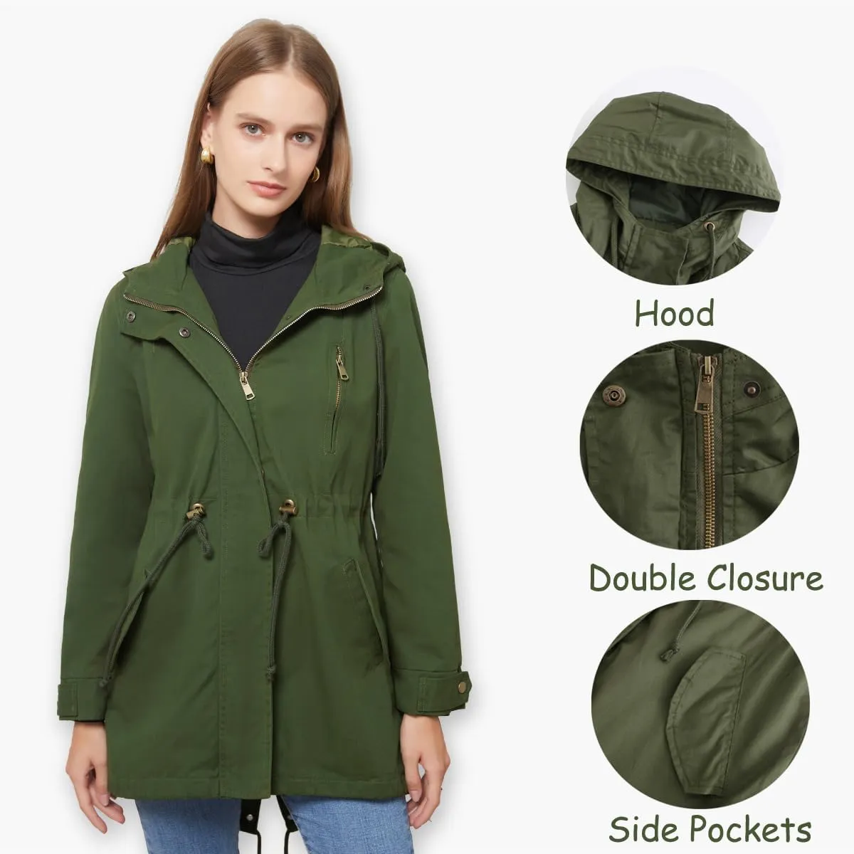 Women's Casual Ligtweight Military Jackets Anorak Utility High Waist Drawstring Zip Up Hood Coat