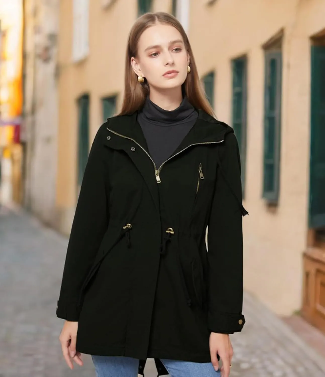 Women's Casual Ligtweight Military Jackets Anorak Utility High Waist Drawstring Zip Up Hood Coat