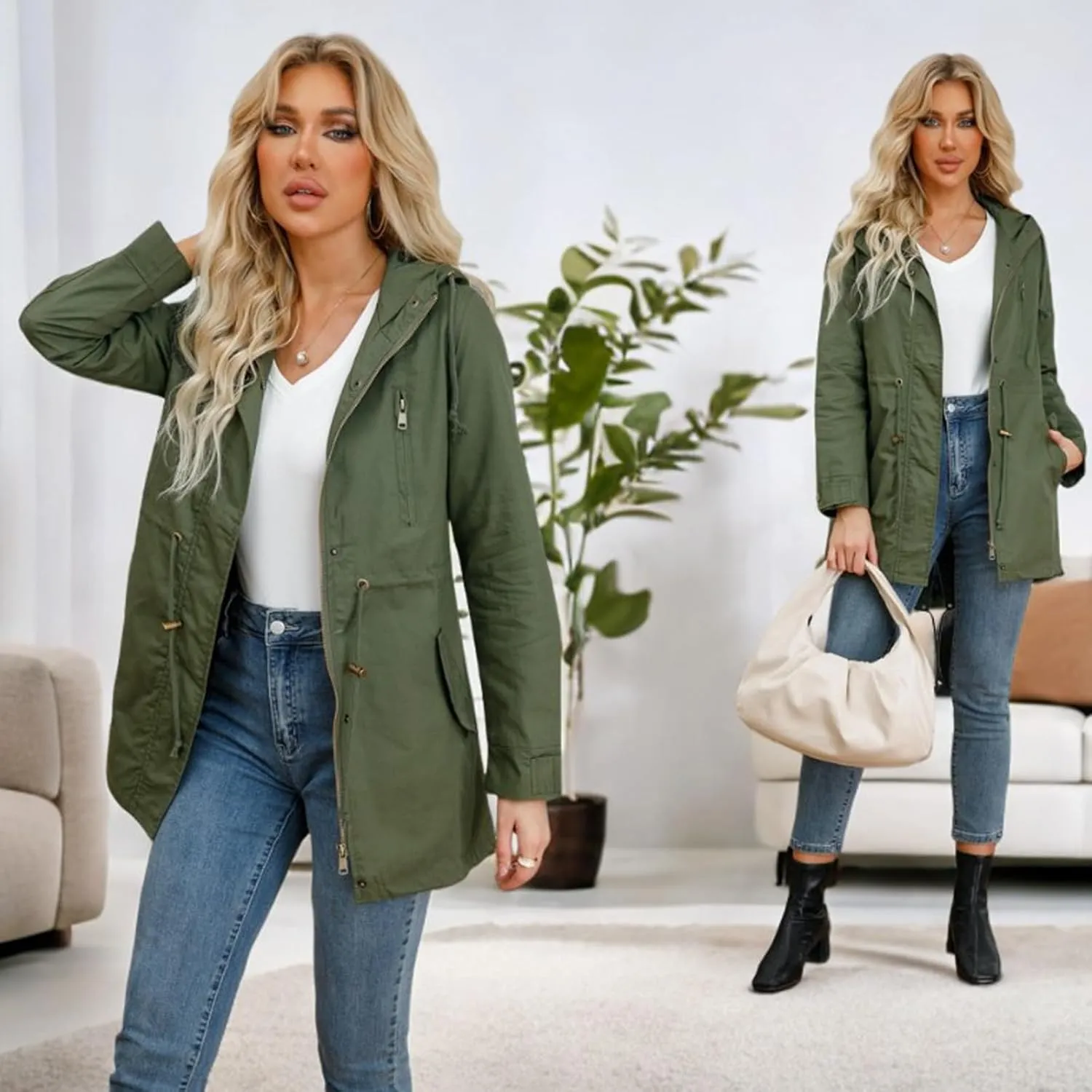 Women's Casual Ligtweight Military Jackets Anorak Utility High Waist Drawstring Zip Up Hood Coat