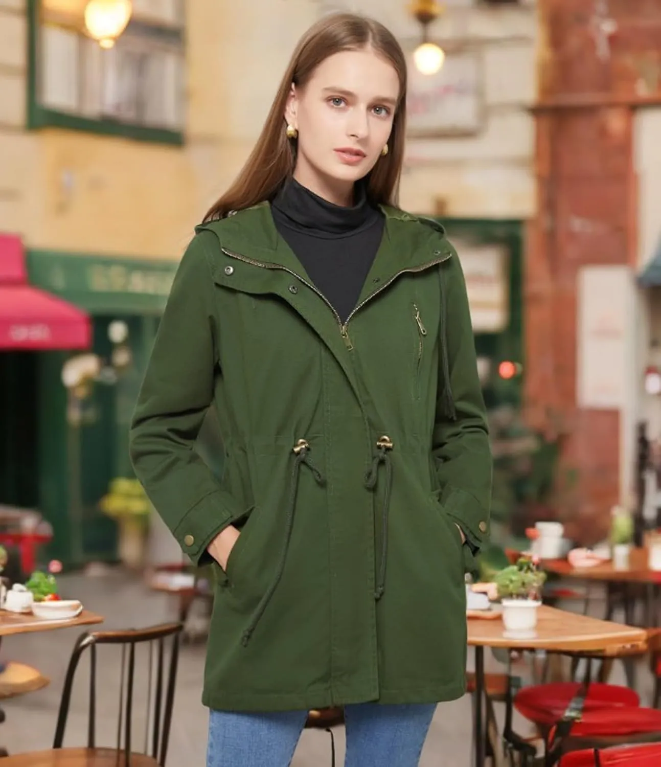 Women's Casual Ligtweight Military Jackets Anorak Utility High Waist Drawstring Zip Up Hood Coat