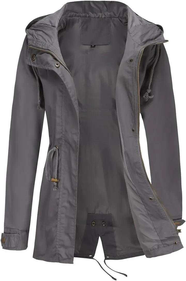Women's Casual Ligtweight Military Jackets Anorak Utility High Waist Drawstring Zip Up Hood Coat