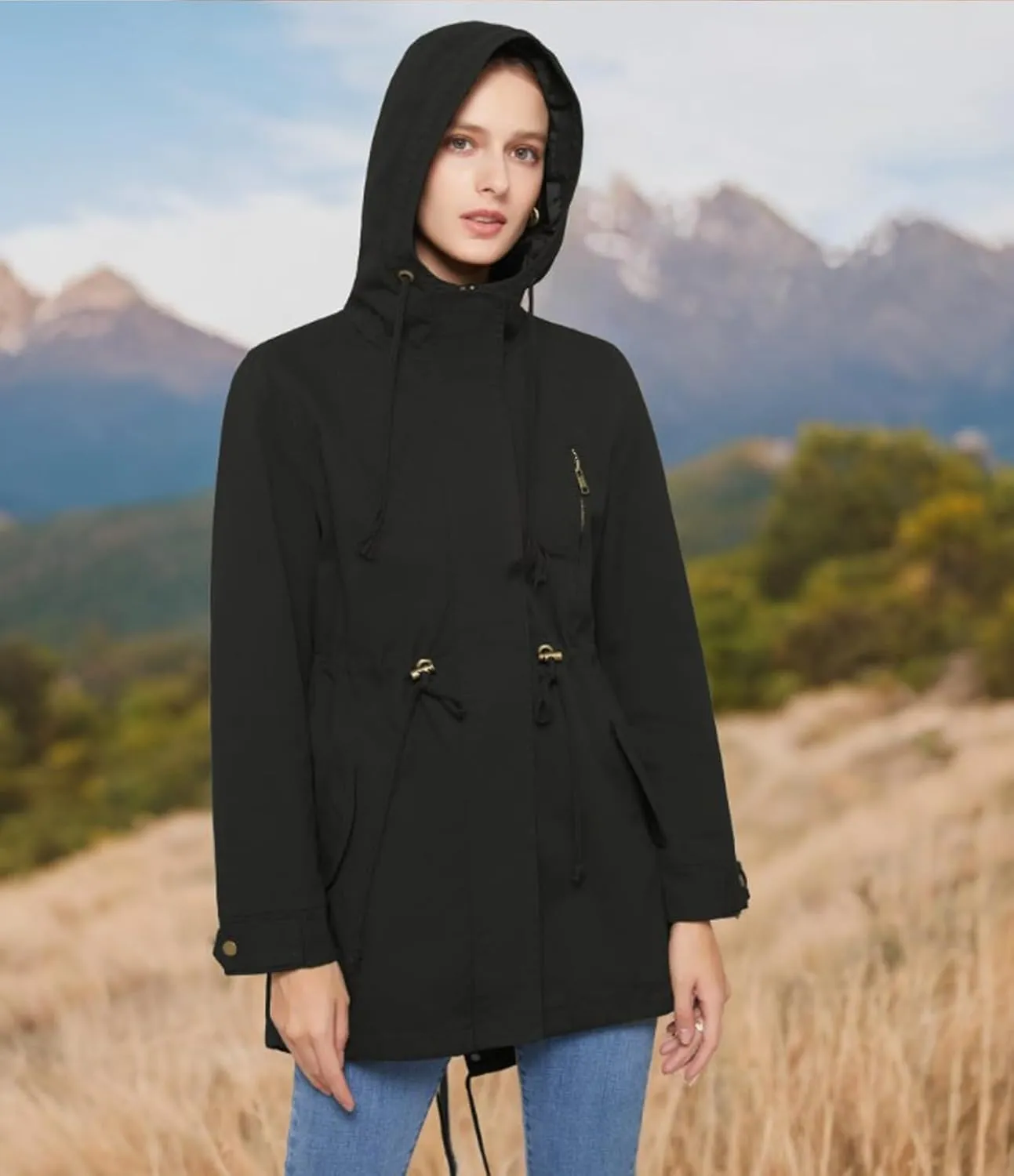 Women's Casual Ligtweight Military Jackets Anorak Utility High Waist Drawstring Zip Up Hood Coat