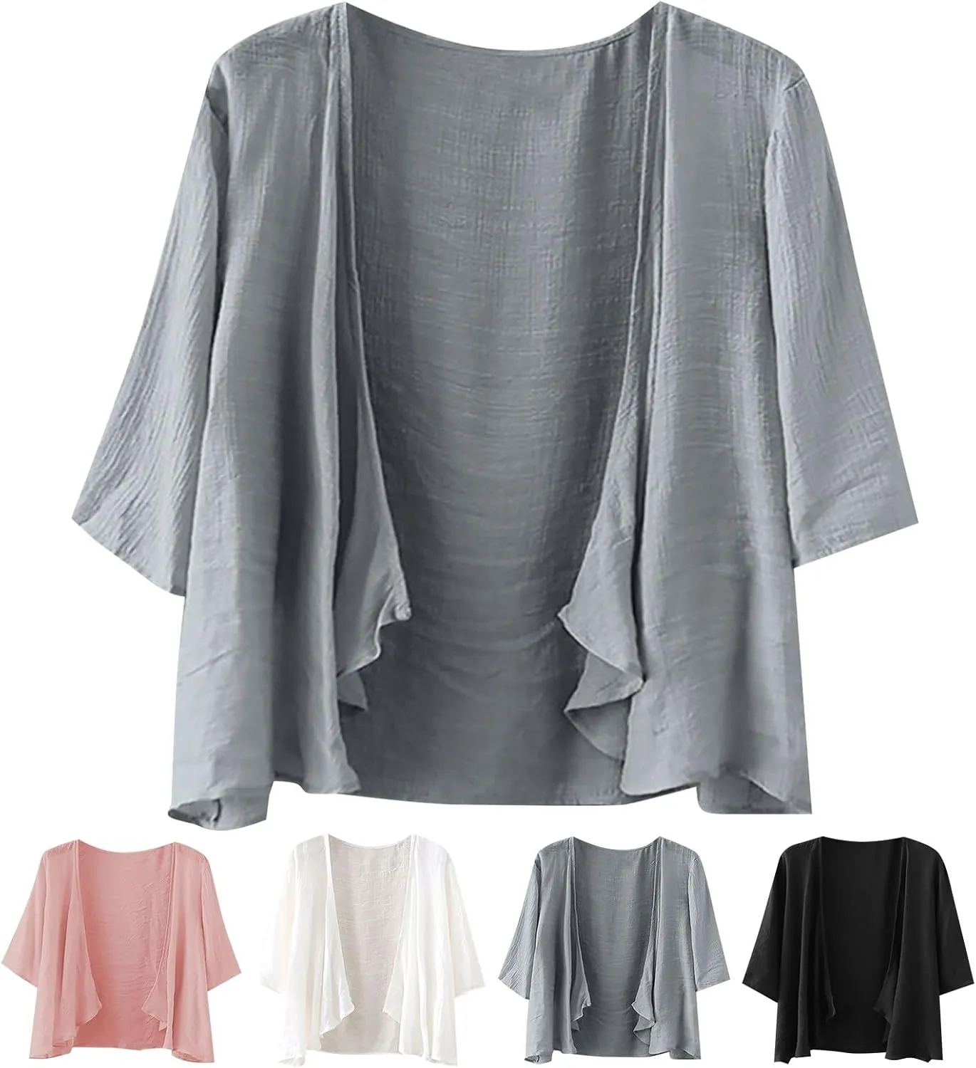 Women's Casual Linen Cotton Lightweight Open Front Cropped Cardigans Soft Ruffles Half Sleeve Sheer Cardigan (S-4XL)