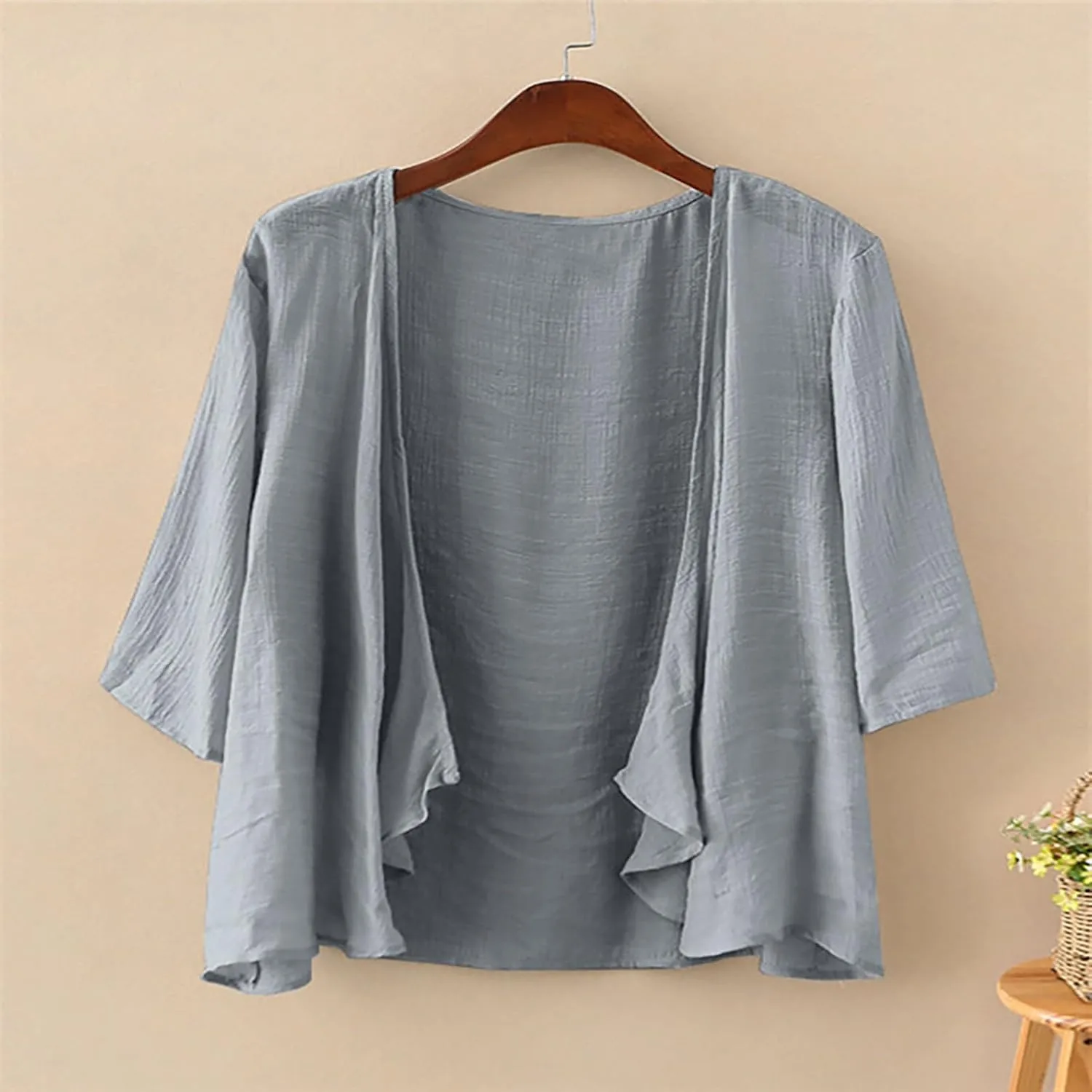 Women's Casual Linen Cotton Lightweight Open Front Cropped Cardigans Soft Ruffles Half Sleeve Sheer Cardigan (S-4XL)