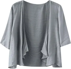 Women's Casual Linen Cotton Lightweight Open Front Cropped Cardigans Soft Ruffles Half Sleeve Sheer Cardigan (S-4XL)