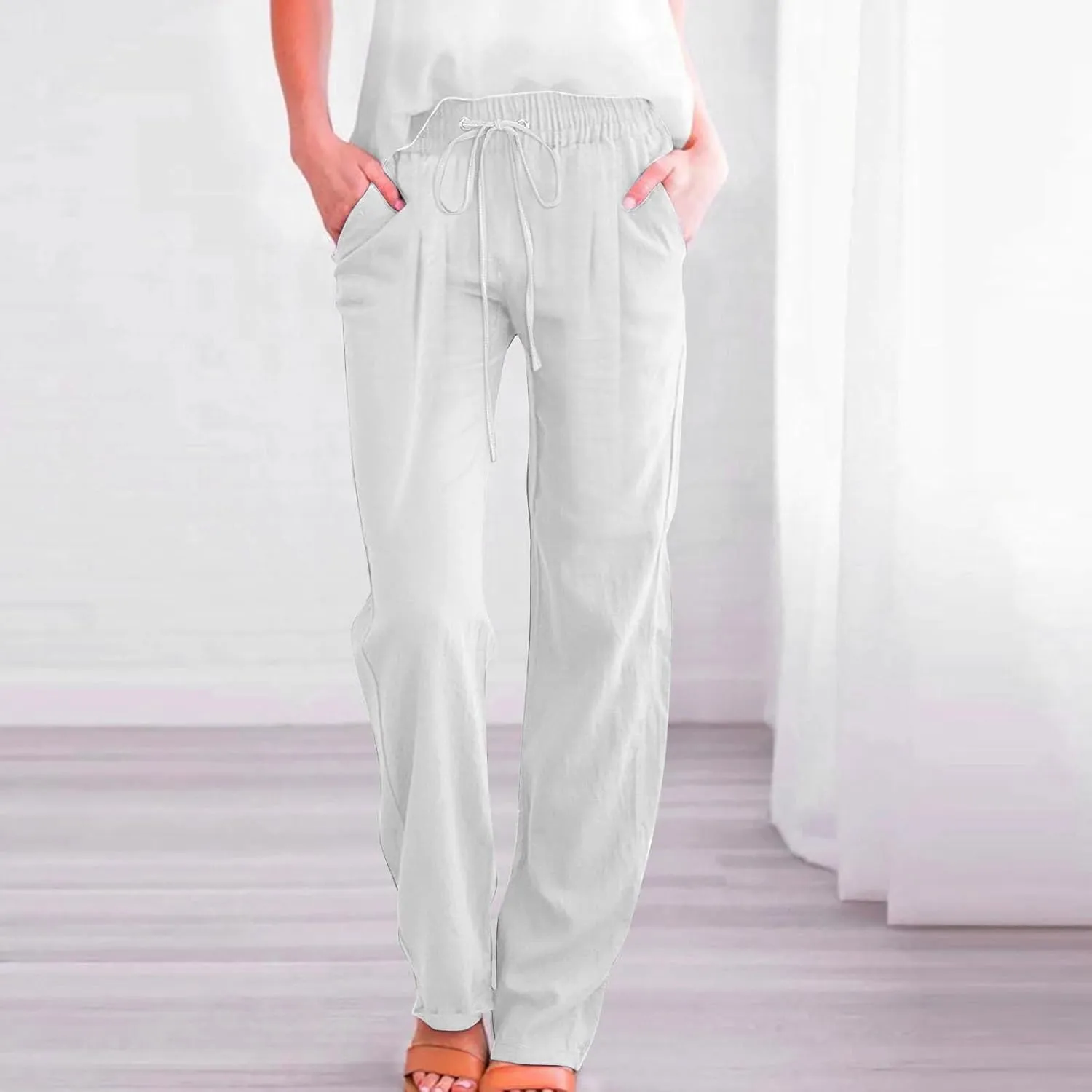 Womens Casual Linen Pants High Waist Drawstring Loose Fit Trousers with Pockets Beach Vacation Clothes for Women