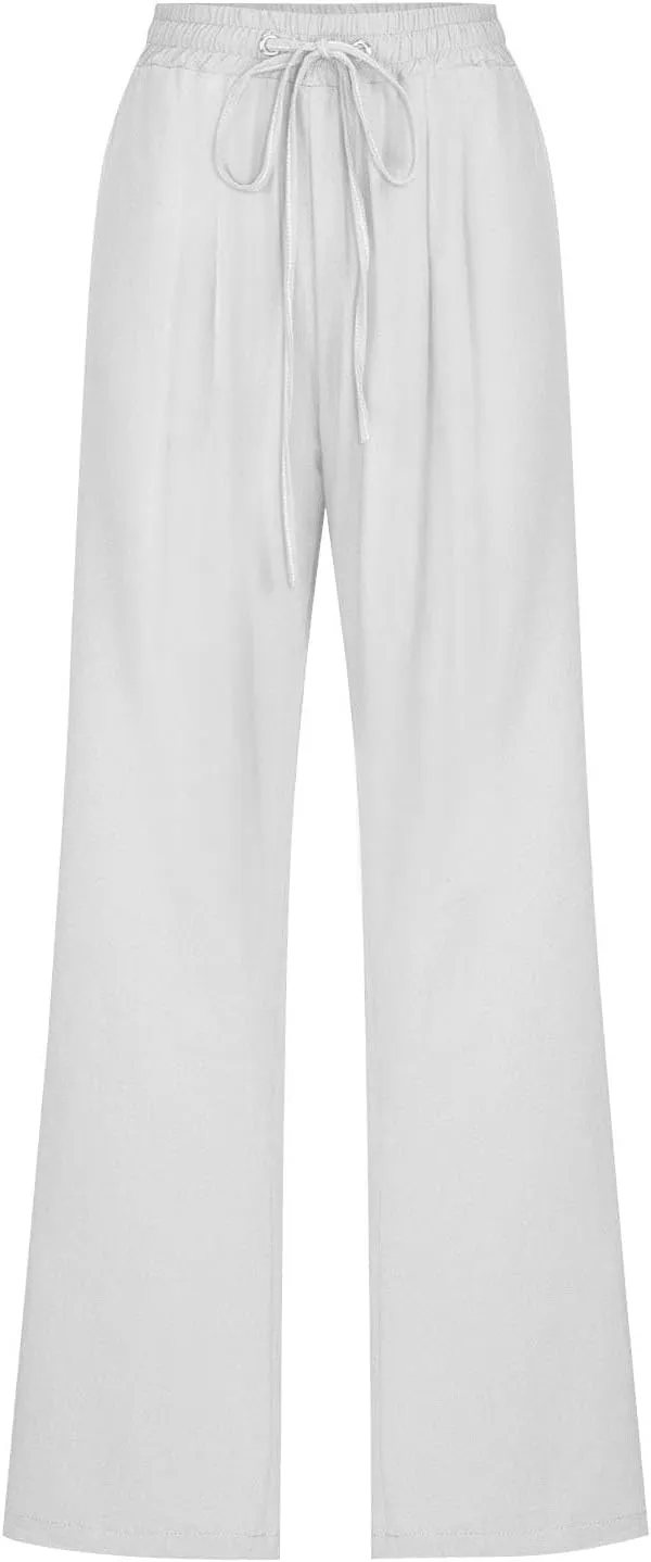 Womens Casual Linen Pants High Waist Drawstring Loose Fit Trousers with Pockets Beach Vacation Clothes for Women