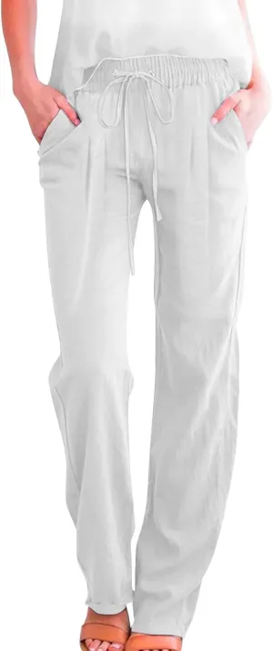 Womens Casual Linen Pants High Waist Drawstring Loose Fit Trousers with Pockets Beach Vacation Clothes for Women
