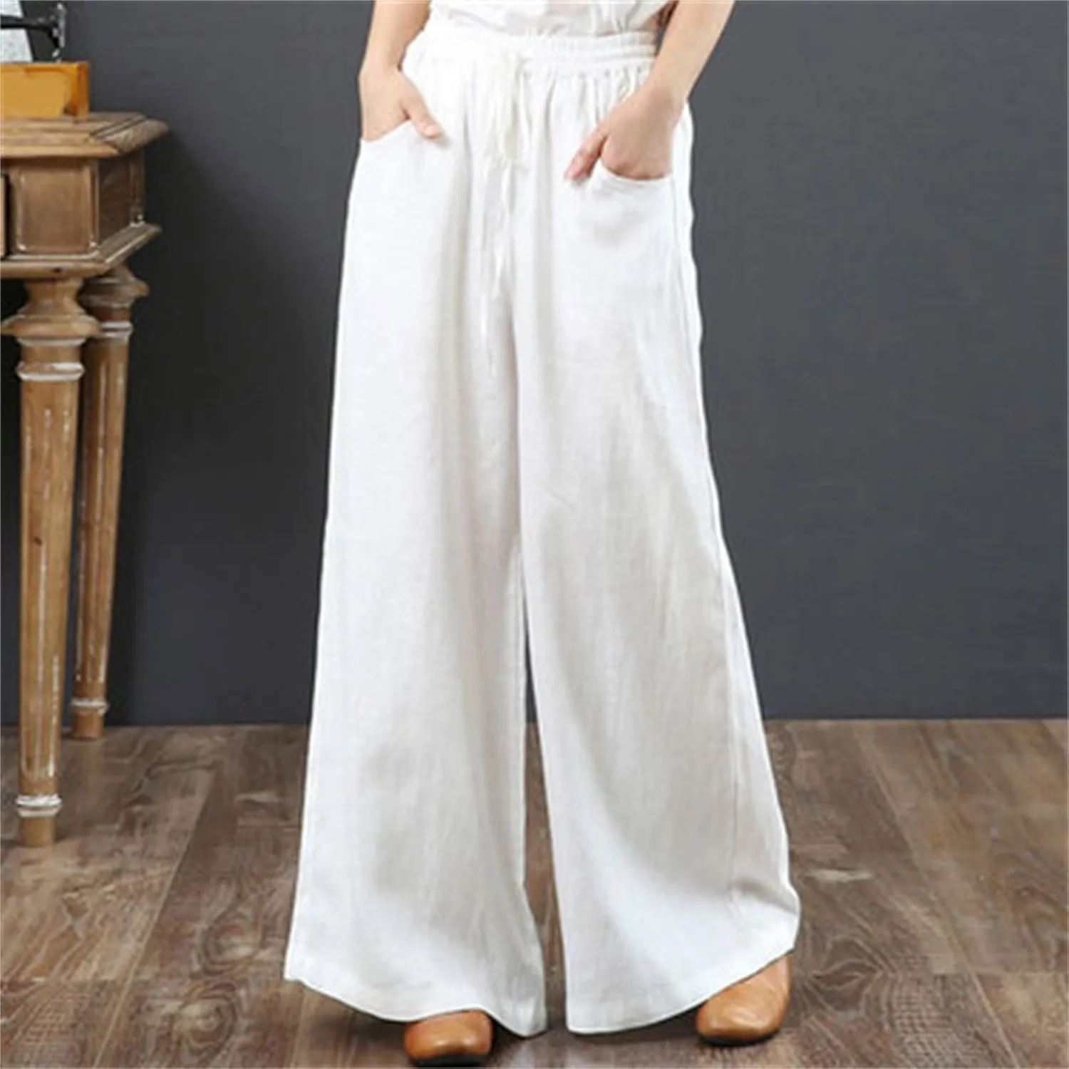 Womens Cotton Linen Palazzo Pants Drawstring Elastic Waist Casual Wide Leg Trousers Summer Beach Pant with Pockets