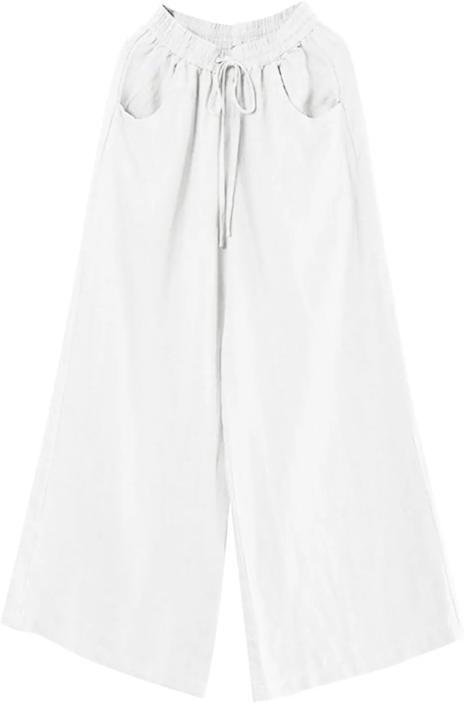 Womens Cotton Linen Palazzo Pants Drawstring Elastic Waist Casual Wide Leg Trousers Summer Beach Pant with Pockets