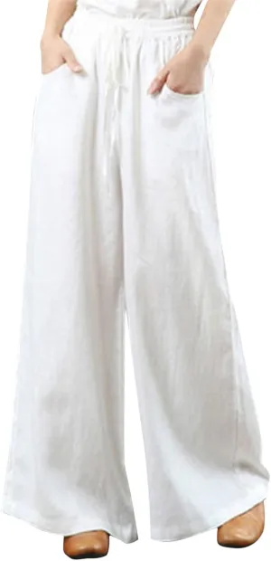 Womens Cotton Linen Palazzo Pants Drawstring Elastic Waist Casual Wide Leg Trousers Summer Beach Pant with Pockets