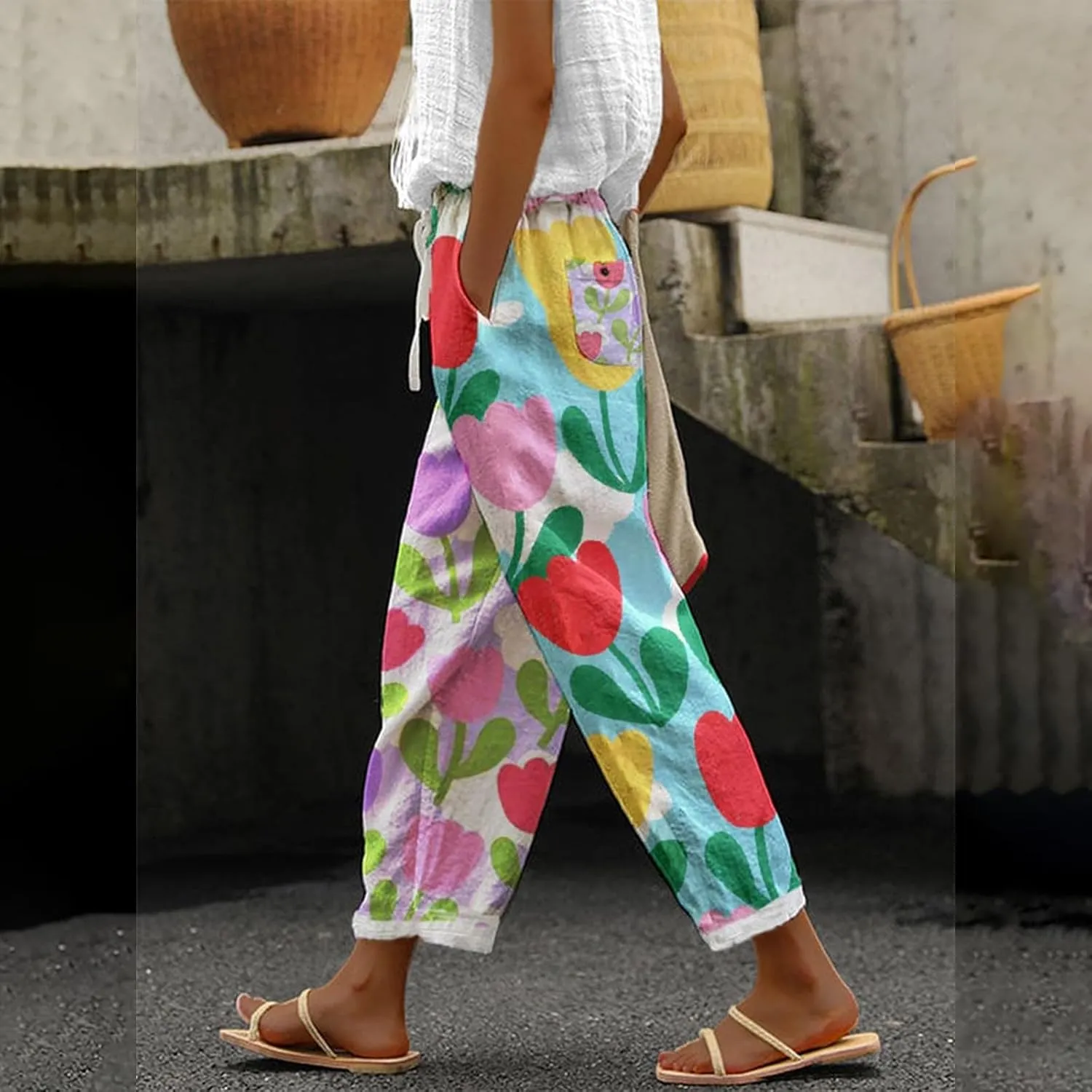 Women's Cotton Linen Pants Cute Boho Floral Print Elastic Waisted Drawstring Summer Beach Baggy Capri with Pockets