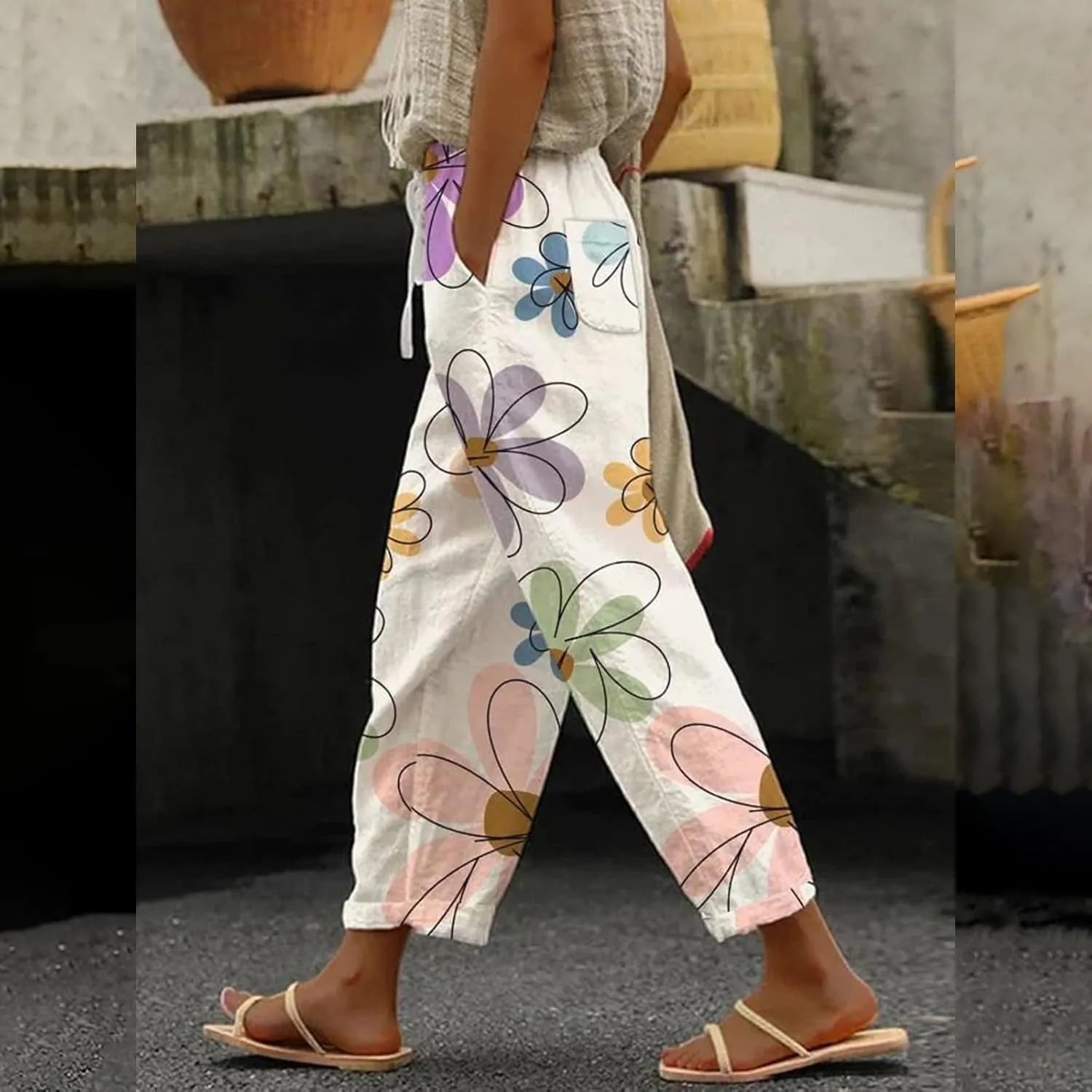 Women's Cotton Linen Pants Cute Boho Floral Print Elastic Waisted Drawstring Summer Beach Baggy Capri with Pockets