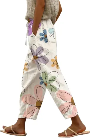 Women's Cotton Linen Pants Cute Boho Floral Print Elastic Waisted Drawstring Summer Beach Baggy Capri with Pockets