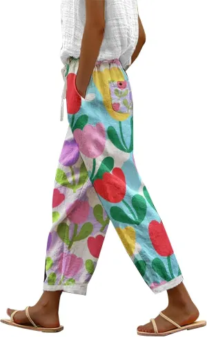 Women's Cotton Linen Pants Cute Boho Floral Print Elastic Waisted Drawstring Summer Beach Baggy Capri with Pockets