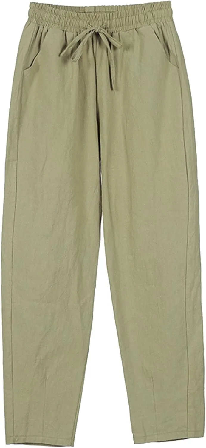 Women's Cotton Linen Pants High Waisted Drawstring Straight Leg Pants Summer Casual Long Trousers with Pockets