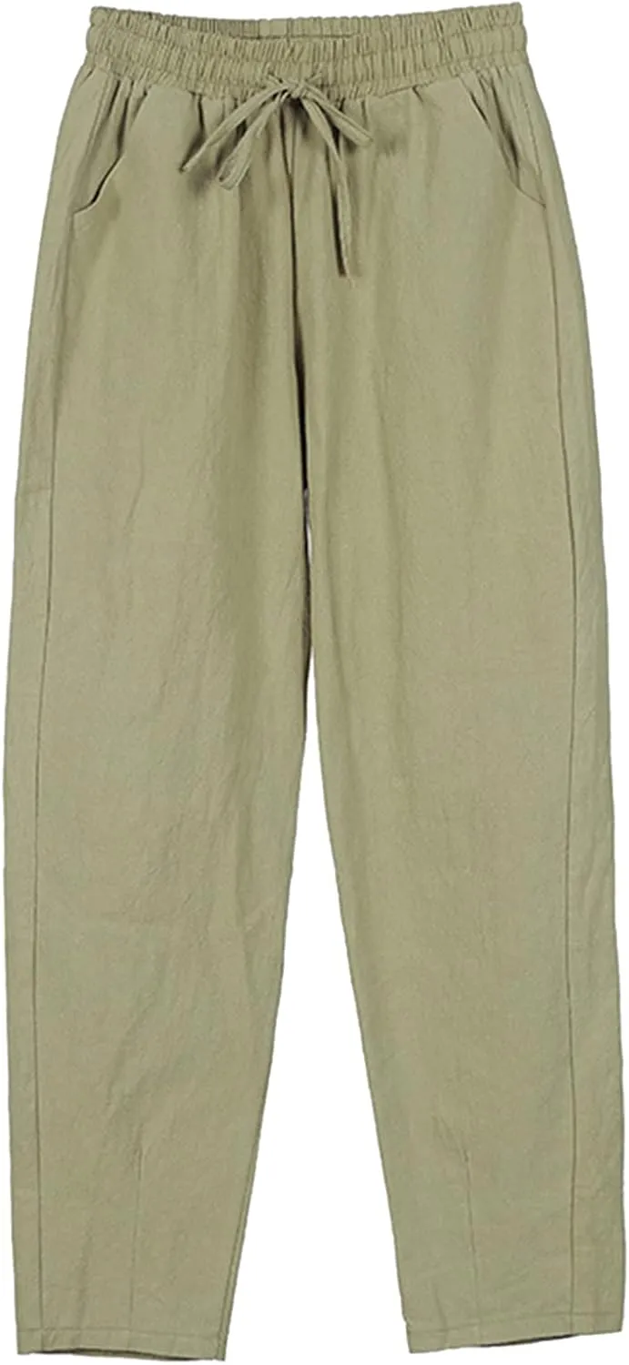 Women's Cotton Linen Pants High Waisted Drawstring Straight Leg Pants Summer Casual Long Trousers with Pockets