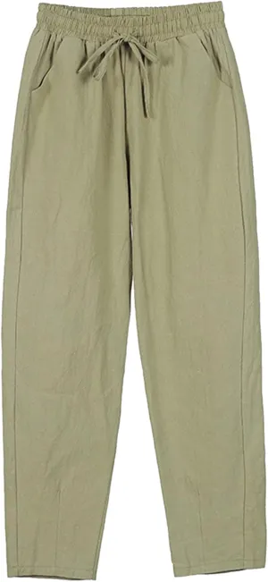 Women's Cotton Linen Pants High Waisted Drawstring Straight Leg Pants Summer Casual Long Trousers with Pockets