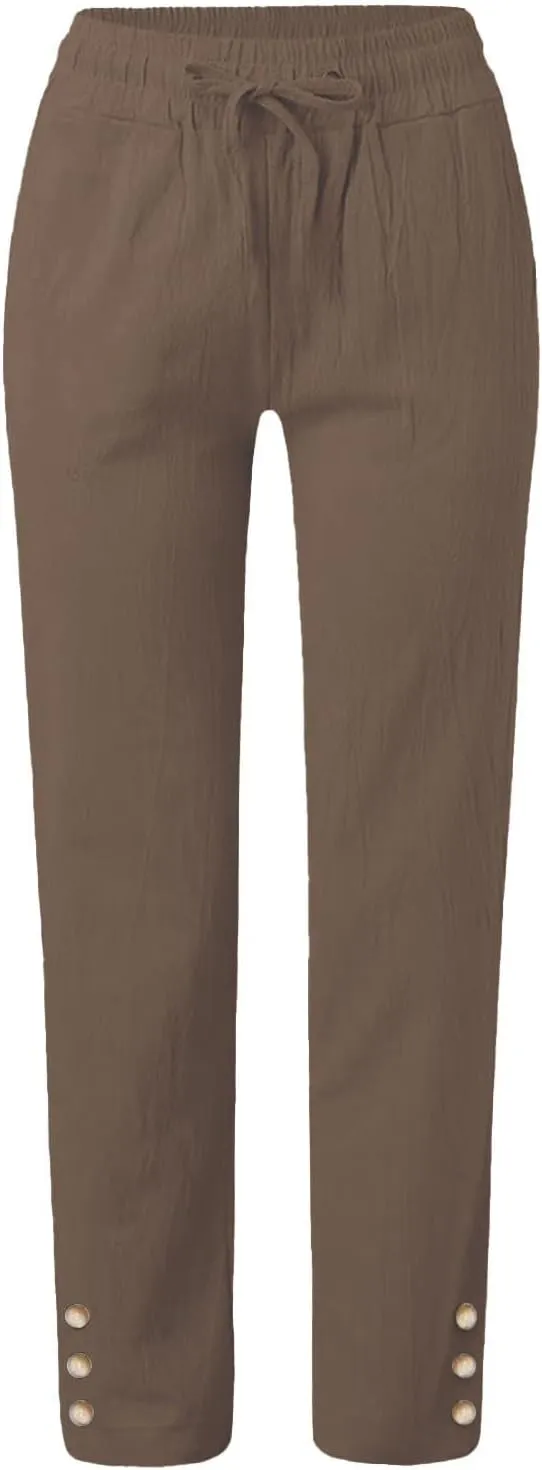Womens Cotton Linen Pants Lightweight Elastic Waist Straight Leg Pants Summer Comfy Drawstring Long Trousers