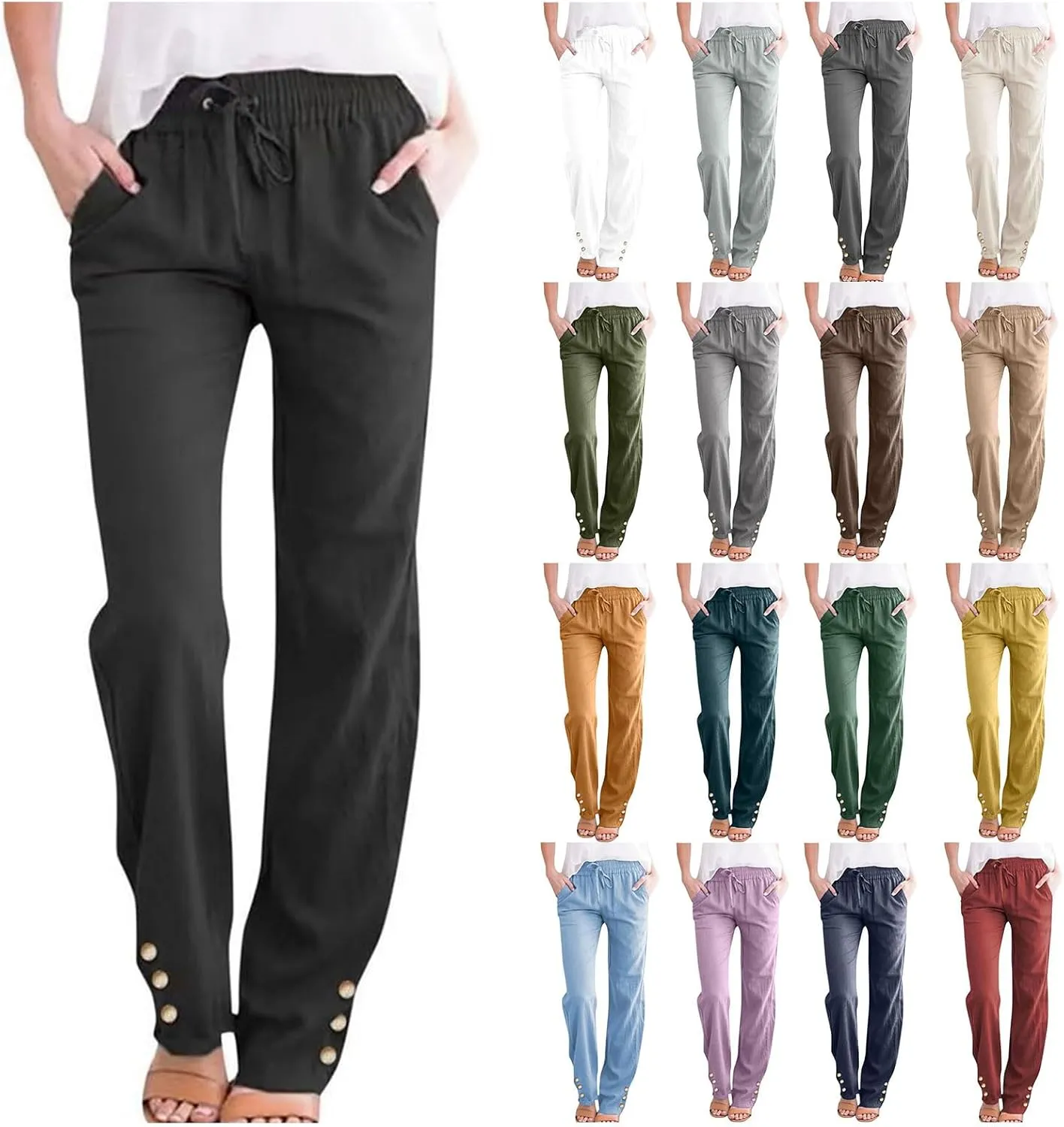 Womens Cotton Linen Pants Lightweight Elastic Waist Straight Leg Pants Summer Comfy Drawstring Long Trousers