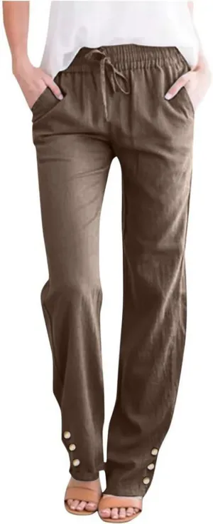 Womens Cotton Linen Pants Lightweight Elastic Waist Straight Leg Pants Summer Comfy Drawstring Long Trousers
