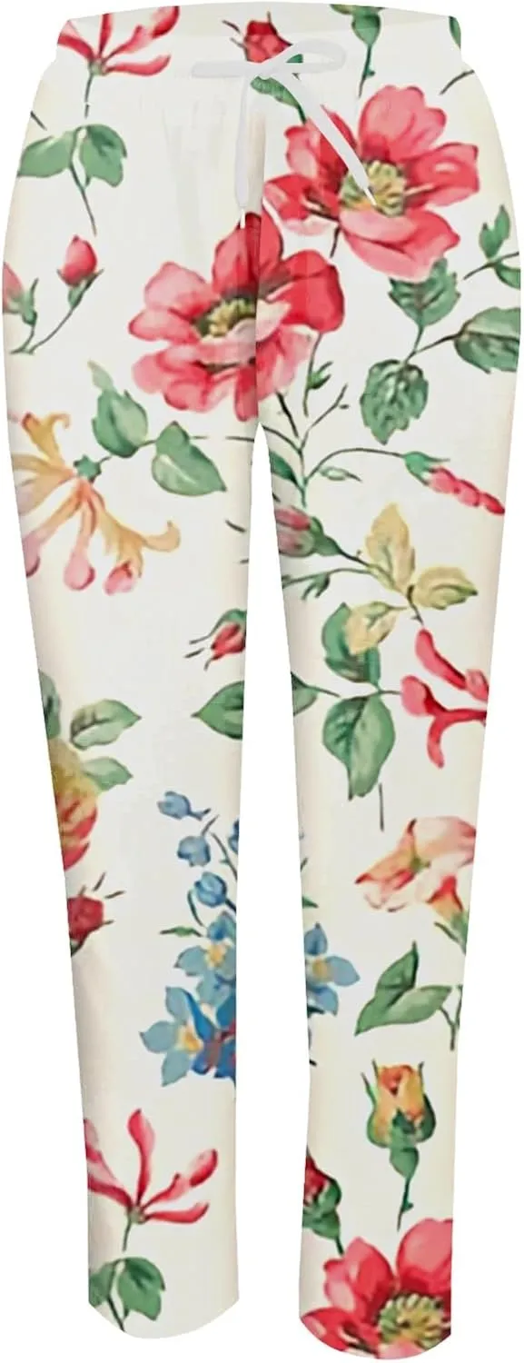 Women's Cotton Linen Pants Vintage Tropical Floral Print Elastic High Waist Drawstring Trousers Summer Beach Pants