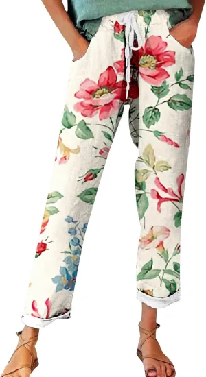 Women's Cotton Linen Pants Vintage Tropical Floral Print Elastic High Waist Drawstring Trousers Summer Beach Pants