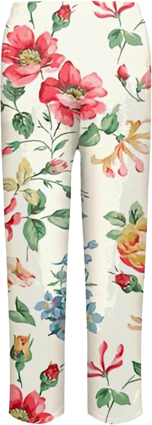 Women's Cotton Linen Pants Vintage Tropical Floral Print Elastic High Waist Drawstring Trousers Summer Beach Pants