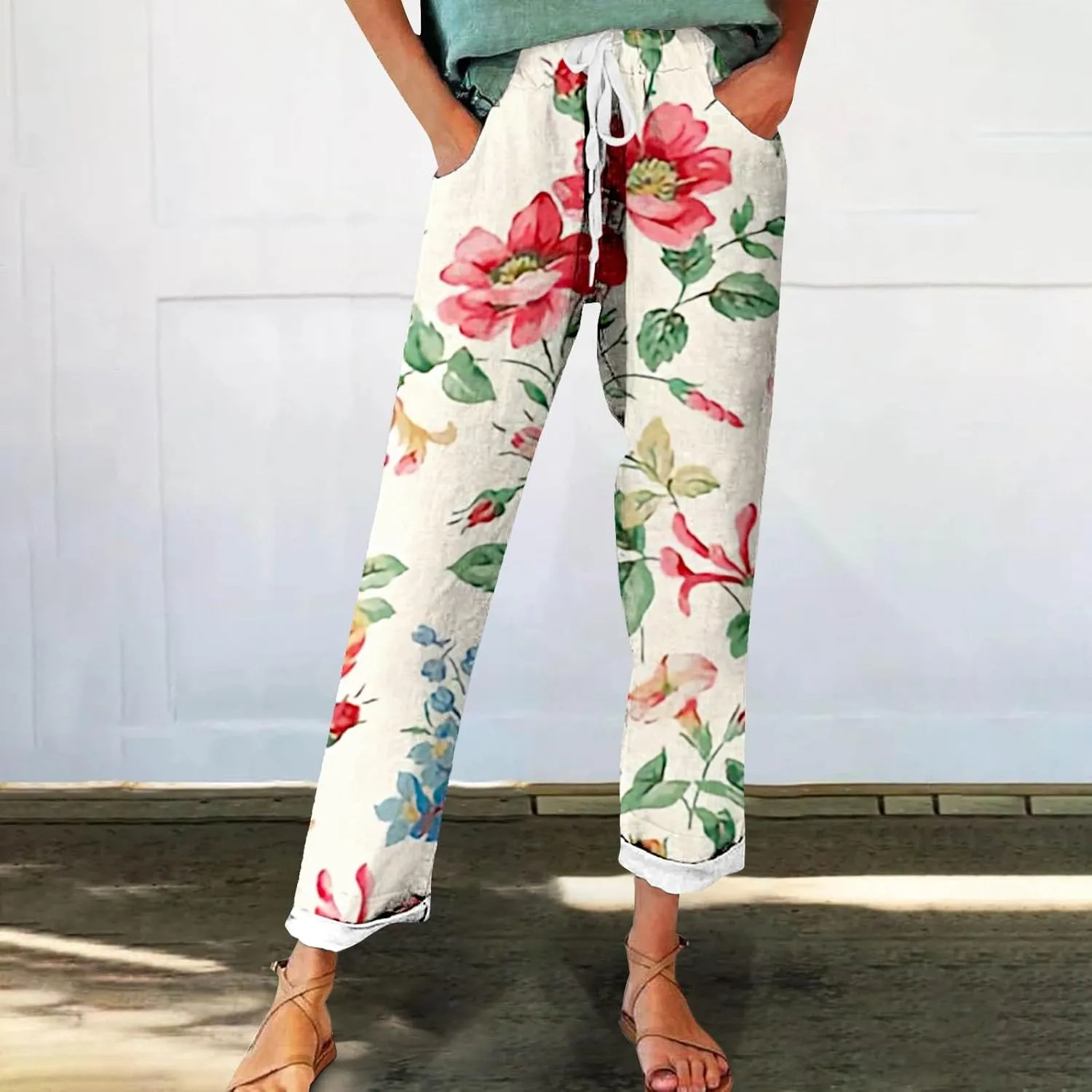 Women's Cotton Linen Pants Vintage Tropical Floral Print Elastic High Waist Drawstring Trousers Summer Beach Pants