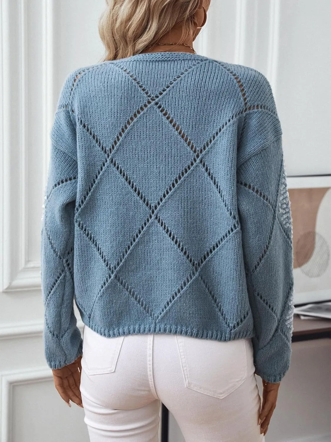 Womens Crew Neck Crochet Long Sleeve Hollow Out Knit Sweaters Fashion Lightweight Loose Casual Sequin Pullover Tops