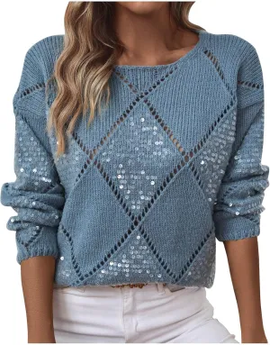 Womens Crew Neck Crochet Long Sleeve Hollow Out Knit Sweaters Fashion Lightweight Loose Casual Sequin Pullover Tops