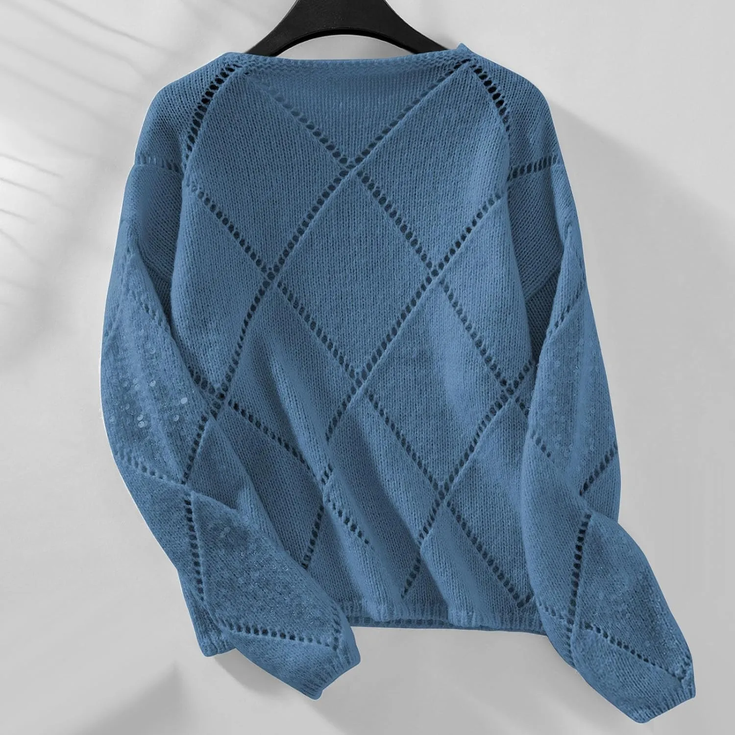 Womens Crew Neck Crochet Long Sleeve Hollow Out Knit Sweaters Fashion Lightweight Loose Casual Sequin Pullover Tops