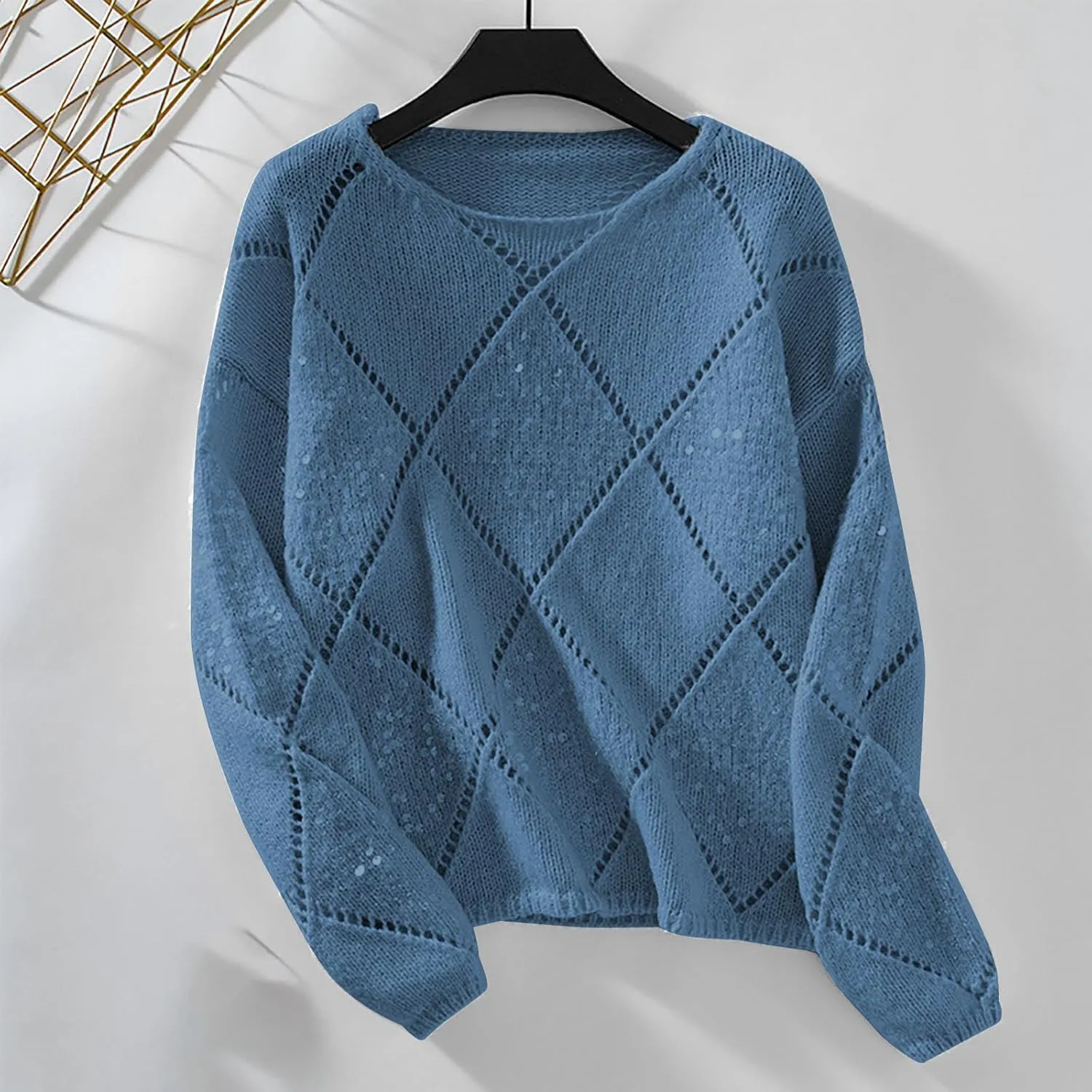 Womens Crew Neck Crochet Long Sleeve Hollow Out Knit Sweaters Fashion Lightweight Loose Casual Sequin Pullover Tops