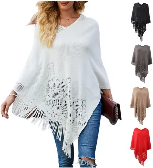 Women's Crochet Knitted Poncho Sweaters Fringe Cloak Cape with Hood Witchy Halloween Clothes