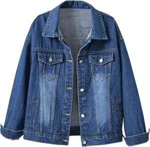 Women's Cropped Denim Jacket Plus Size Distressed Washed Button Down Long Sleeve Jean Trucker Jacket with Pockets